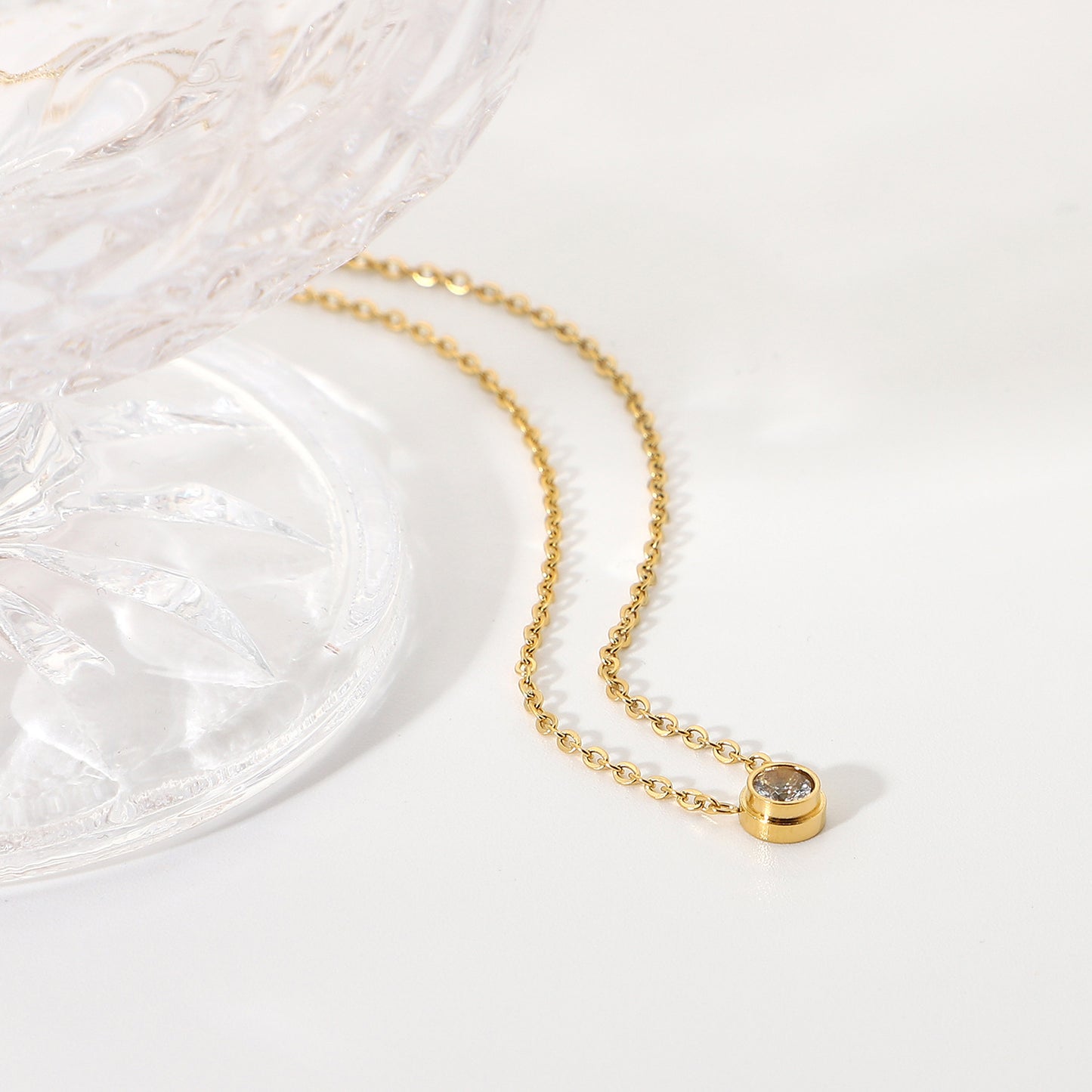 Minimalist Mini Round and Rectangular Cubic Zirconia Necklace in 18K Gold Plated Stainless Steel with Geometric Pendant for Women