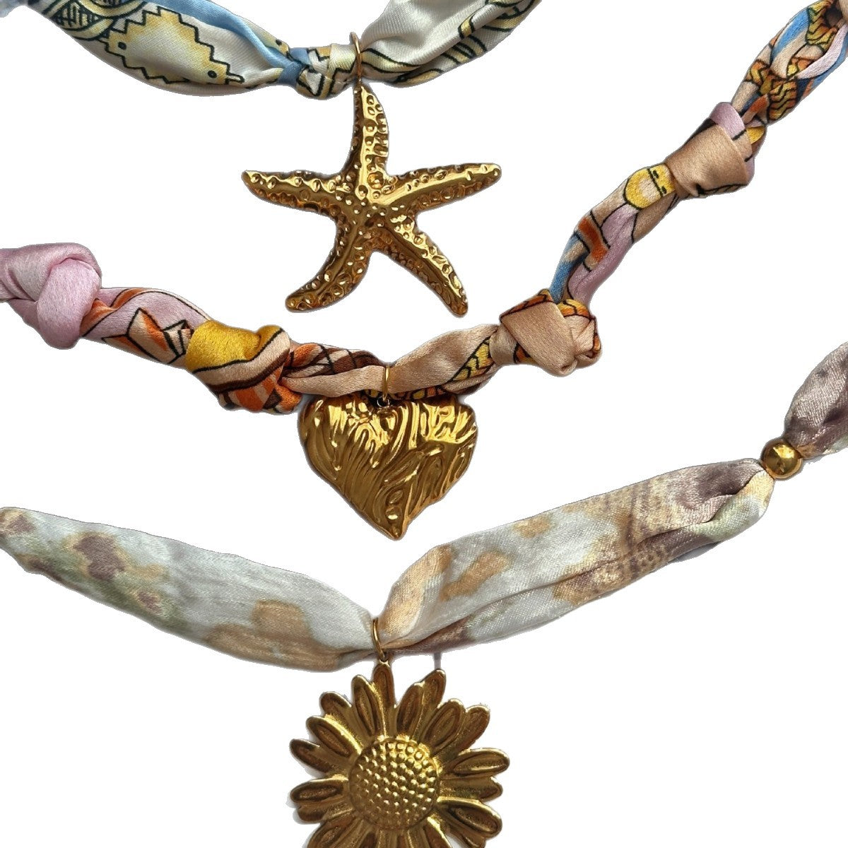 Casual Minimalist Stainless Steel and Silk Necklace with Heart Floral Starfish Pendant for Women