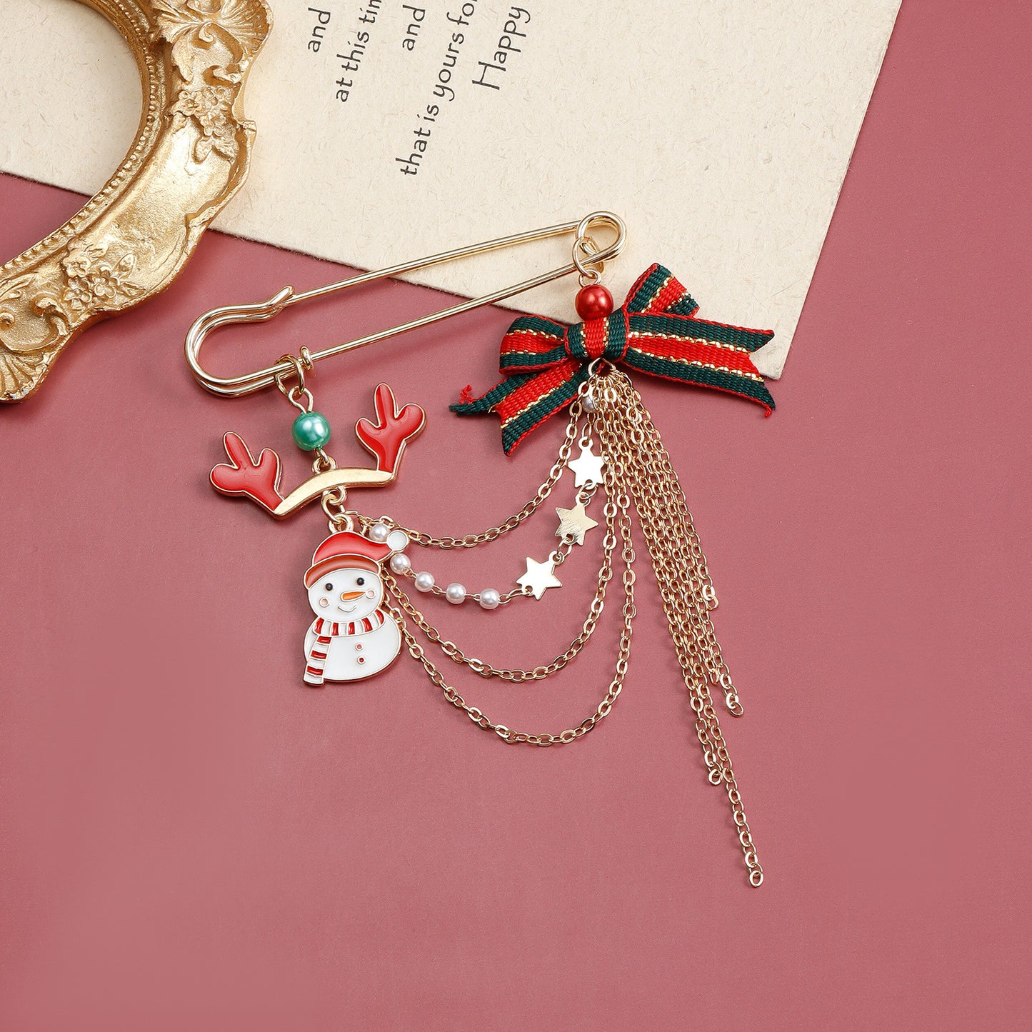 Original Design Bow-Shaped Alloy Brooch with Christmas Deer Antler and Snowman Motifs, Plated Finish, Decorative Gift Pin for Women