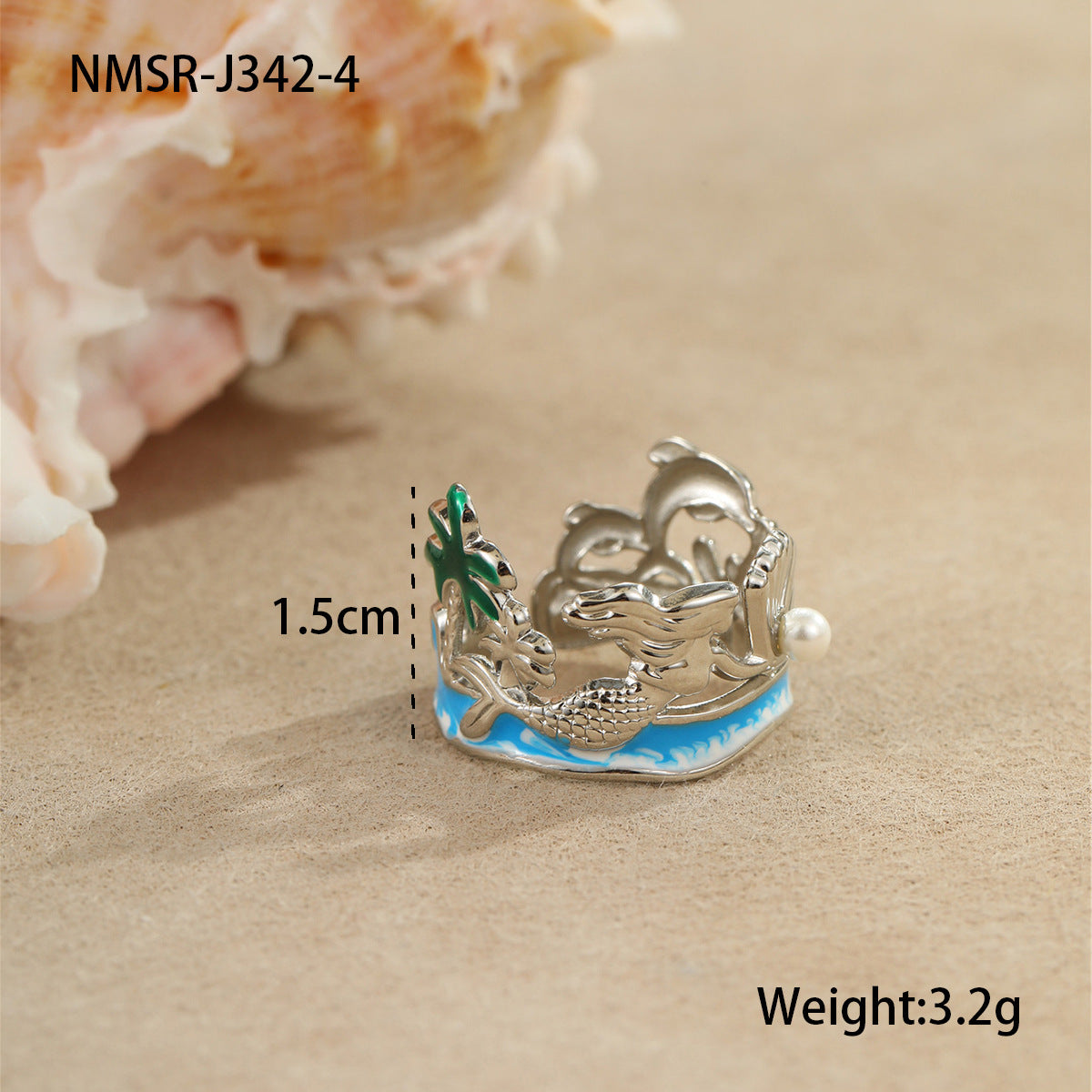 Anillo de perlas de lujo con temática de sirena y océano en acero inoxidable con baño de oro y banda abierta ajustable para mujer