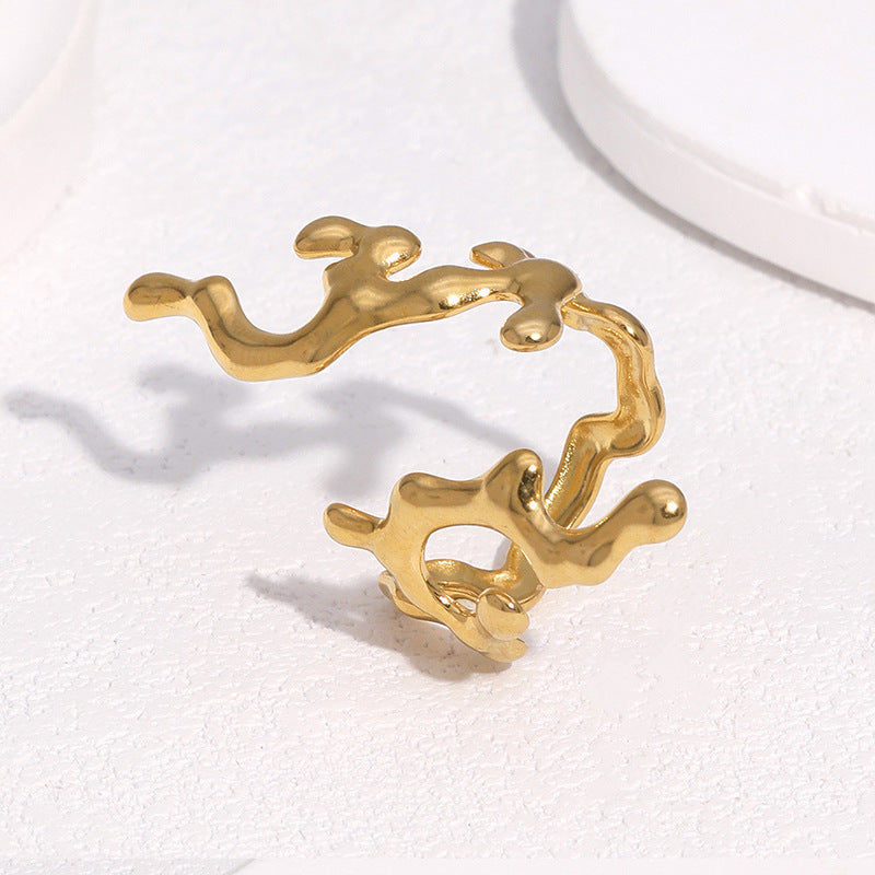 Anello aperto regolabile in acciaio inossidabile a tema floreale di corallo, minimalista, da donna, con finitura galvanica