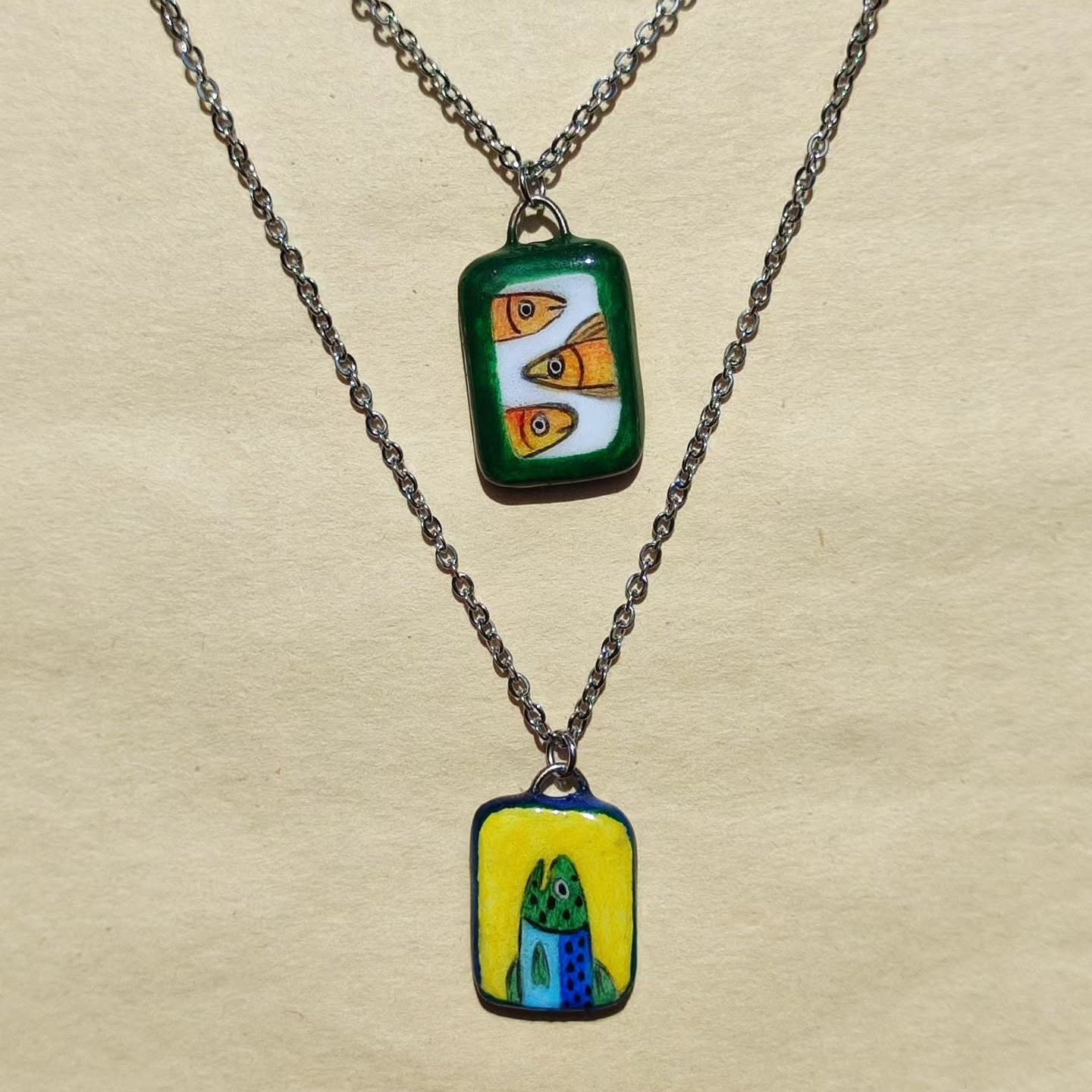 18K Gold Plated Square Cartoon Stainless Steel Pendant Charm Bar on Titanium Steel Cable Chain