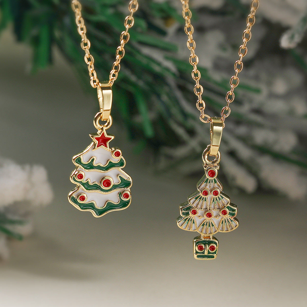 Casual Geometric Drip Oil Gold Plated Brass Christmas Tree Pendant Necklace for Women