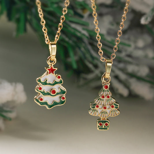 Casual Geometric Drip Oil Gold Plated Brass Christmas Tree Pendant Necklace for Women
