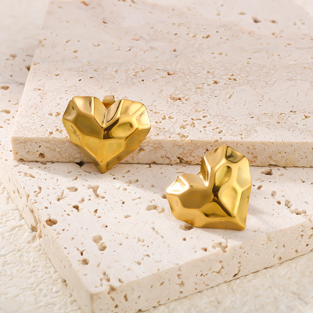 INS-Inspired Geometric Heart-Shaped Stainless Steel Earrings with 18K Gold Plating and Polished Symmetrical Finish