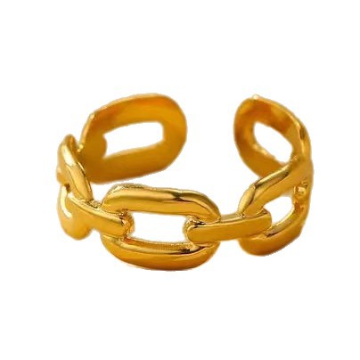 Anillo minimalista geométrico de acero inoxidable con detalle de cadena para mujer, acabado hipoalergénico de acero de titanio
