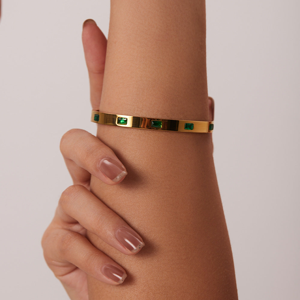 Minimalist Geometric Titanium Steel Bracelet for Women with Green and White Zircon Inlay and Plated Finish