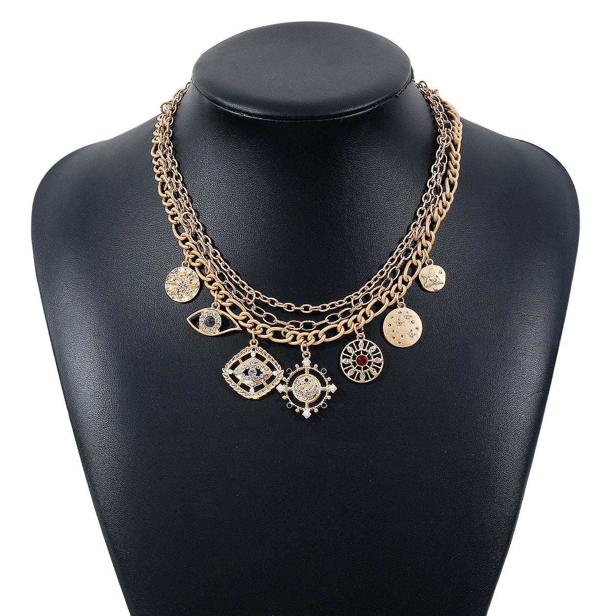 Collar con colgante de ojo de demonio hueco geométrico atrevido para mujer con base de aleación e incrustaciones de diamantes de imitación, acabado galvanizado, cadena de clavícula