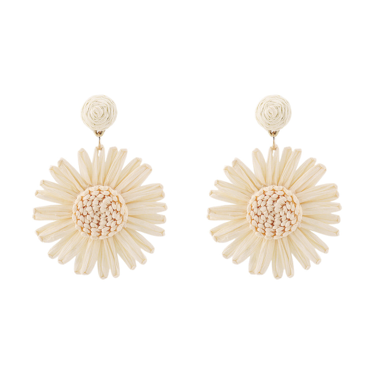 Orecchini Bohémien Girasole da Donna con Base in Lega e Dettagli in Rafia, Design Floreale Artigianale, Stile Fresco e Dolce