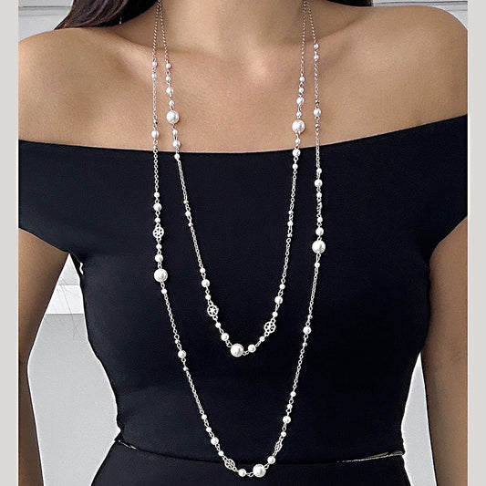 Collar largo de capas con forma de estrella vintage para mujer con perlas de imitación y colgante de diamantes de imitación en cadena tipo serpiente