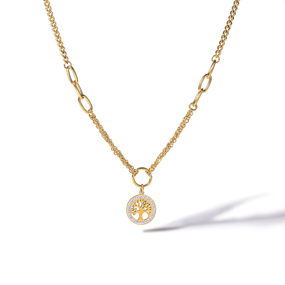 Minimalist Geometric Tree of Life Pendant Necklace for Women in Titanium Steel with Zircon Inlay