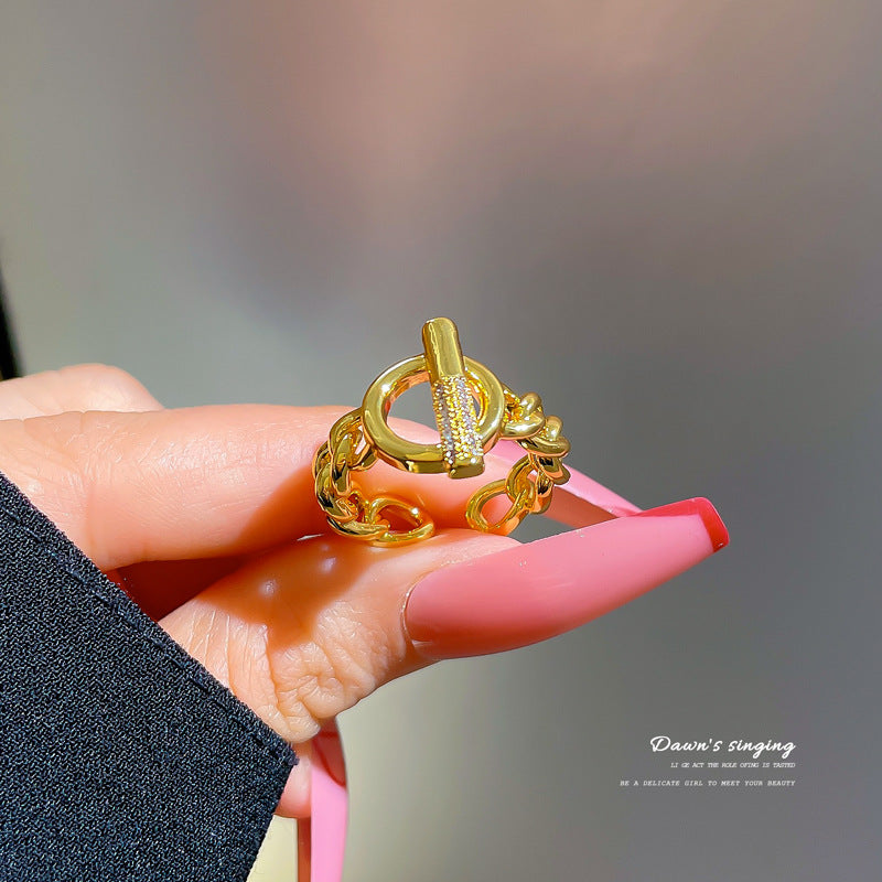 Minimalist Adjustable Open Ring for Women with Crown Shape in Brass and Zircon Inlay