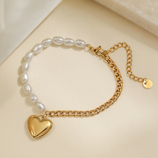 Minimalist Heart-Shaped 18K Gold-Plated Stainless Steel Bracelet for Women with Pearl Accent