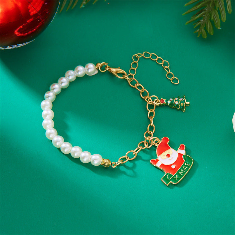 Pulsera de abalorios de Papá Noel de moda para mujer, chapada en aleación con acabado de esmalte, diseño de personaje de dibujos animados, joyería temática navideña
