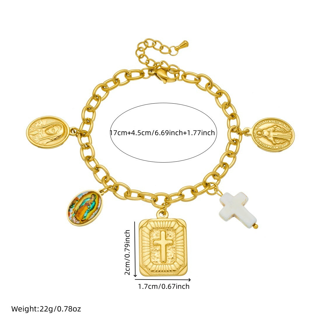 Vintage Elegant Gold Plated Stainless Steel Cross and Round Pendant Necklace Set with Cable Chain for Women