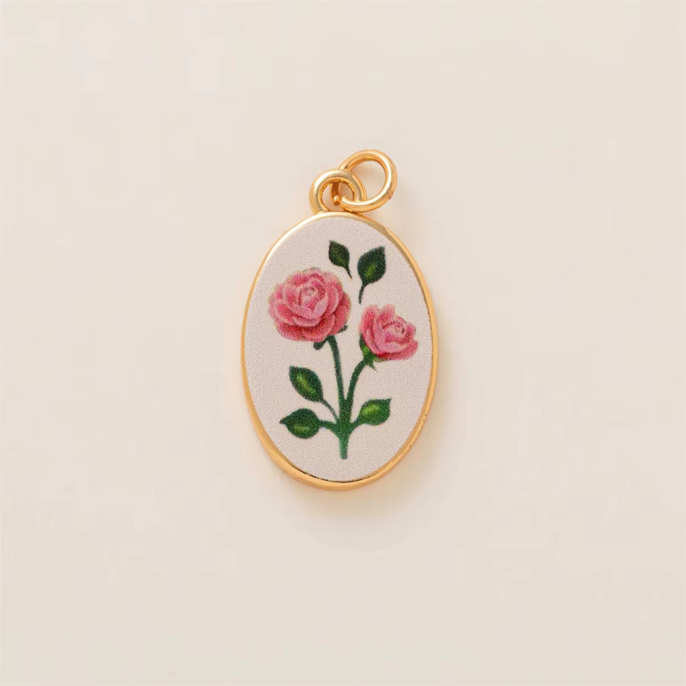Sweet Heart Geometric Oval Floral Plated Brass Stainless Steel Pendant Necklace