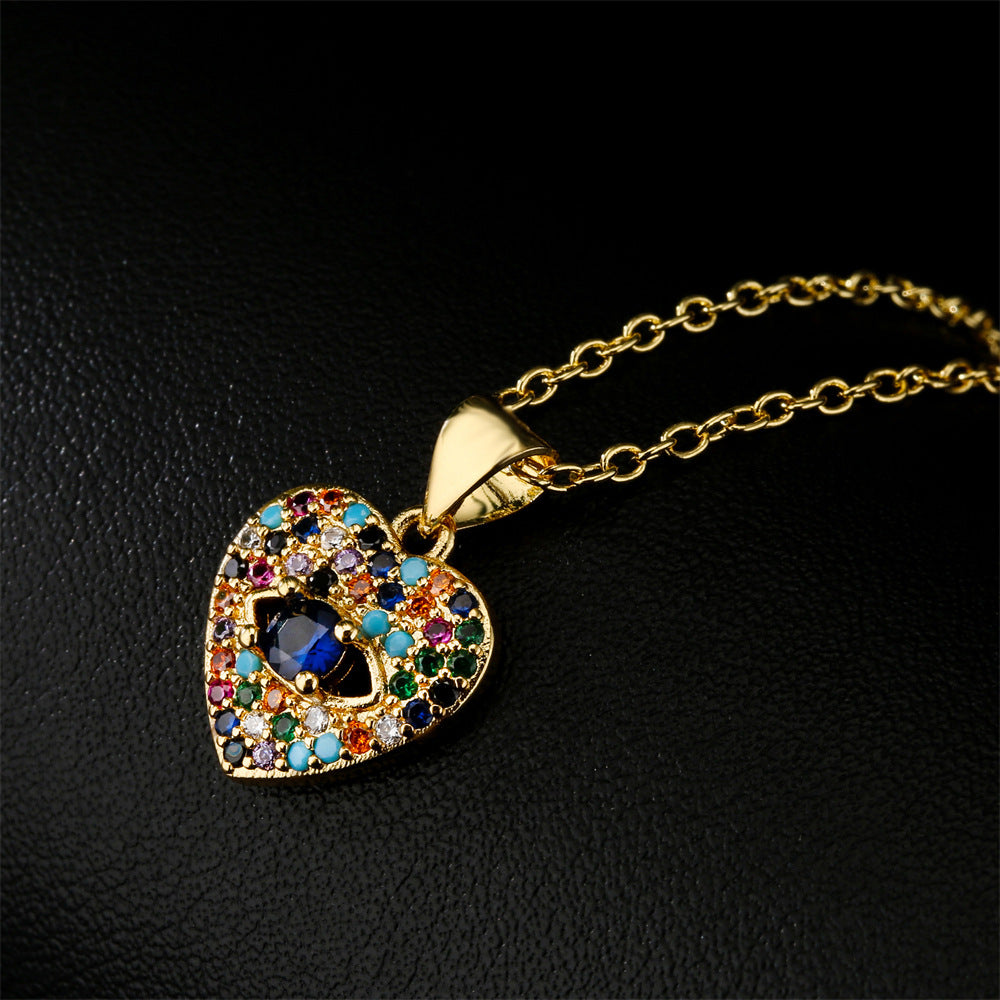 Multi-Color Cubic Zirconia Heart Geometric Inlay Brass Necklace with Cable Chain