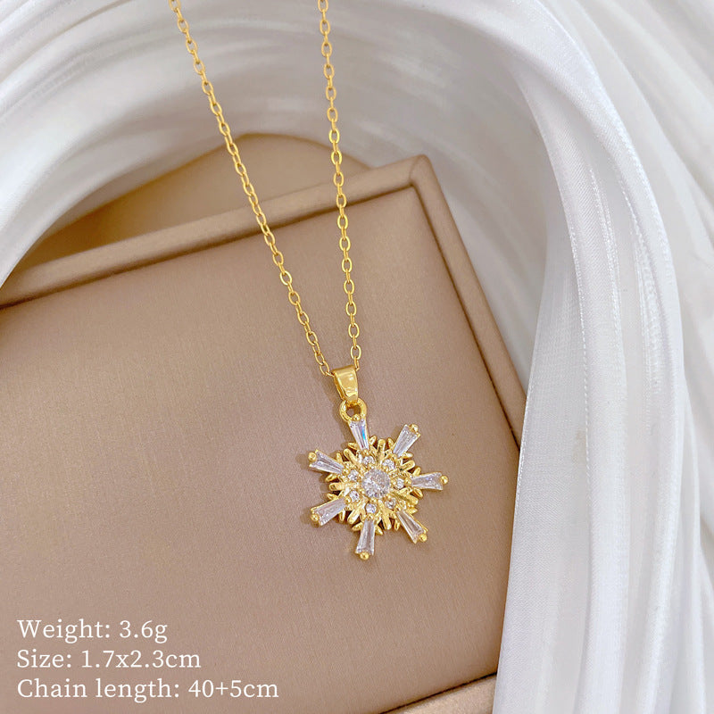 Minimalist Snowflake Pendant Necklace for Women with Titanium Steel Chain and Rhinestone Inlay