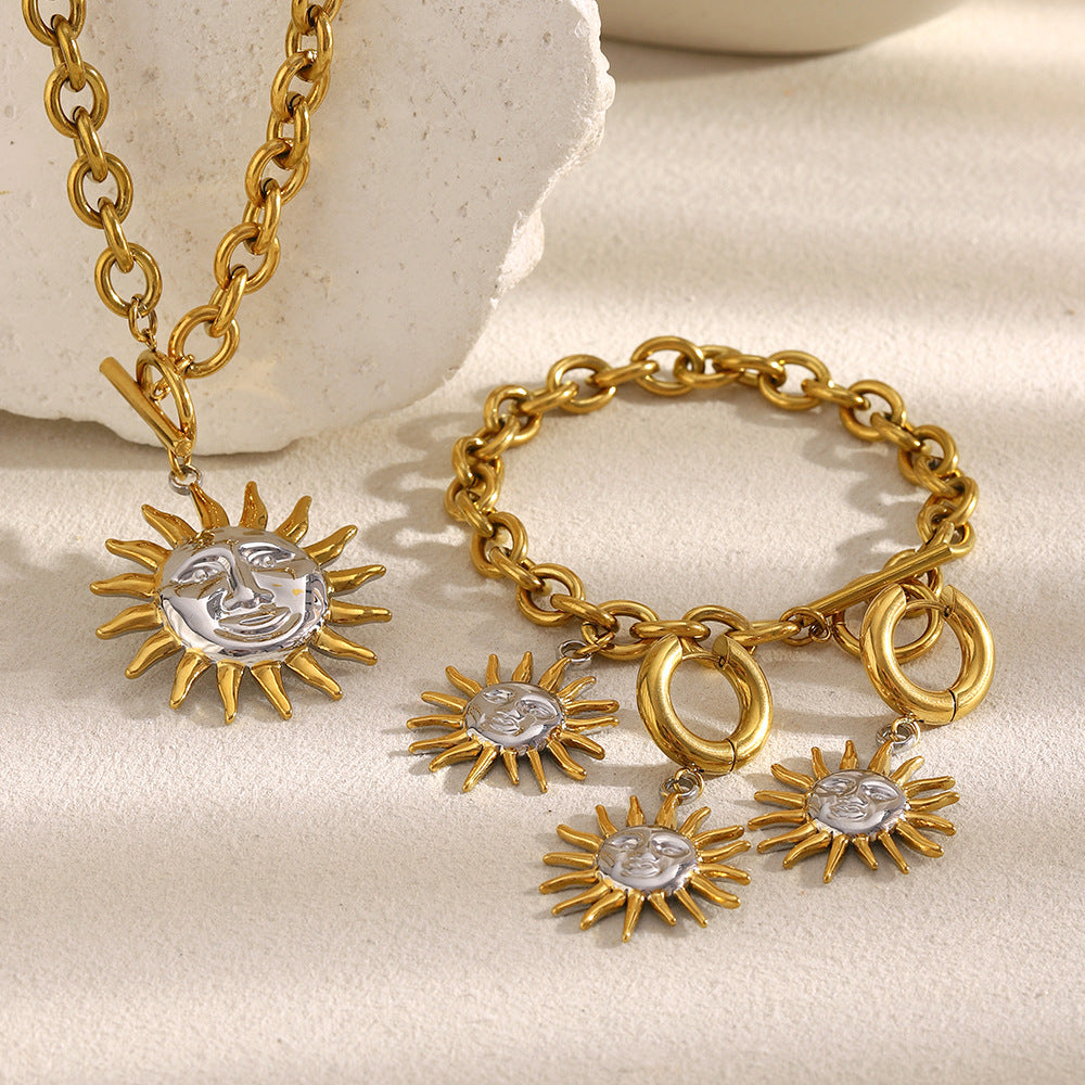 Conjunto de joyas con colgante de sol geométrico de moda, chapado en oro de 18 quilates, de acero inoxidable, con cadena tipo O, collar, pulsera y pendientes para mujer