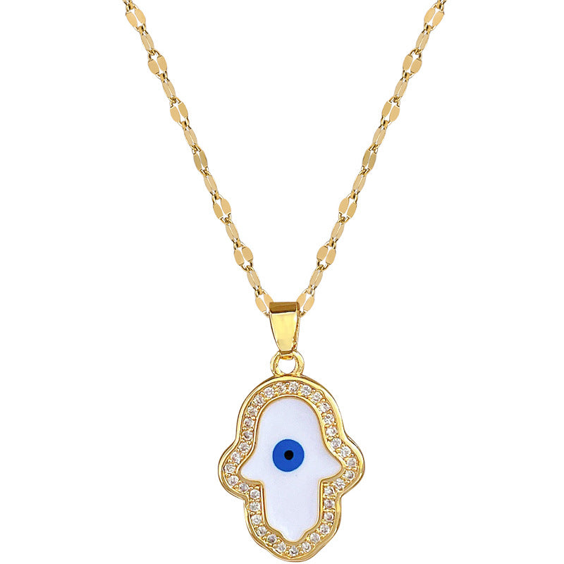 Collana con ciondolo a forma di occhio d'angelo geometrico naturale da donna in acciaio inossidabile con strass micro-pavé su catena a labbra