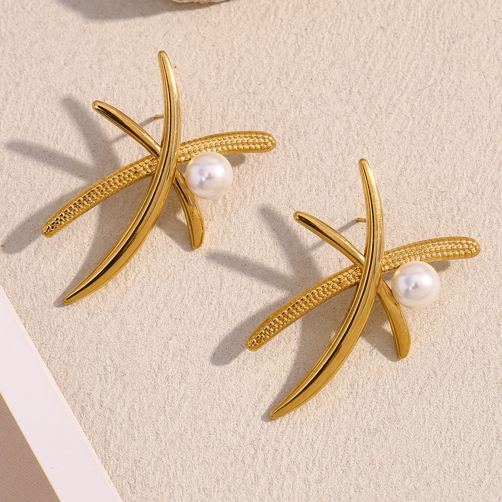 Fashionable Coconut Tree Shaped Pearl Stud Earrings in Stainless Steel with 18K Gold Plating for Women