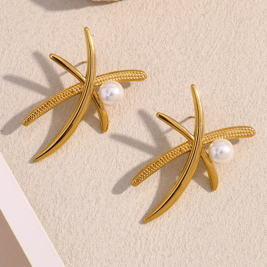 Fashionable Coconut Tree Shaped Pearl Stud Earrings in Stainless Steel with 18K Gold Plating for Women