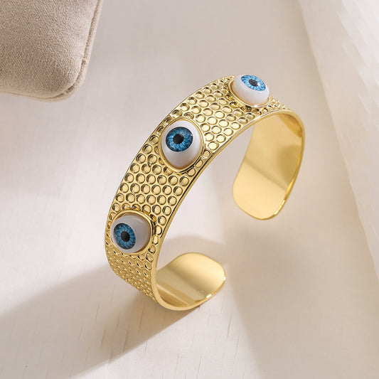 Geometric Open Cuff Bracelet for Women with Copper Base and 18K Gold Plating Featuring Evil Eye Design