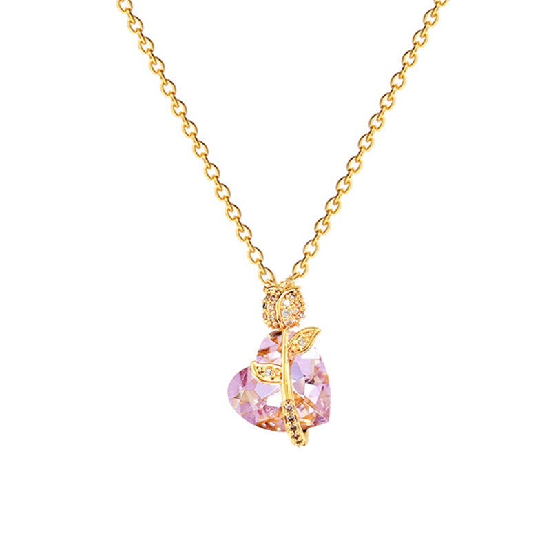 Pink Heart Rose Pendant Necklace for Women Stainless Steel Minimalist Elegant Collarbone Chain with Rhinestone Accents