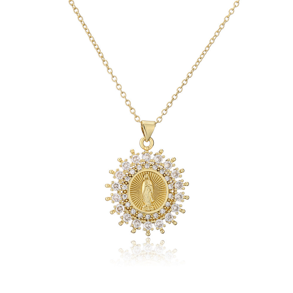 Collana pendente geometrica religiosa da donna in rame con zirconi micro-incastonati su catena a O