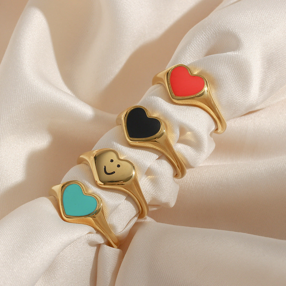 Minimalist Heart-Shaped Black Enamel Stainless Steel Plated 18K Gold Ring for Women