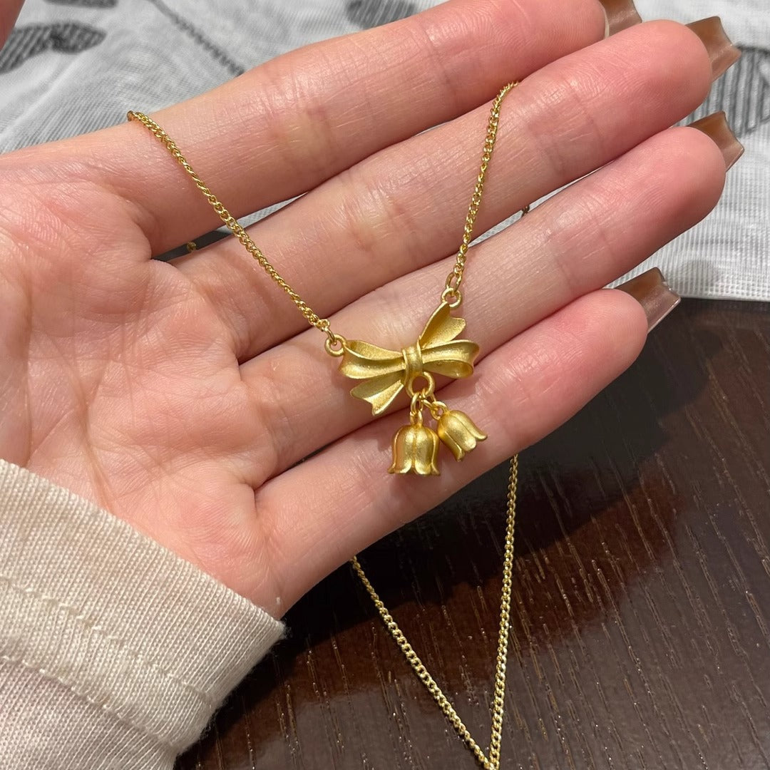 Original Design Floral Bow Knot Orchid Pendant Necklace for Women and Men in Titanium Steel with Plated Finish and O-Chain