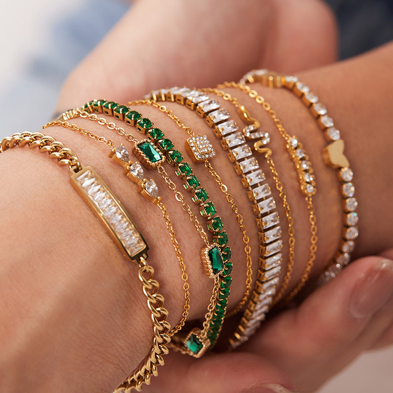 INS Style Geometric Titanium Steel Bracelet with 18K Gold Plating and Zircon Inlay for Women