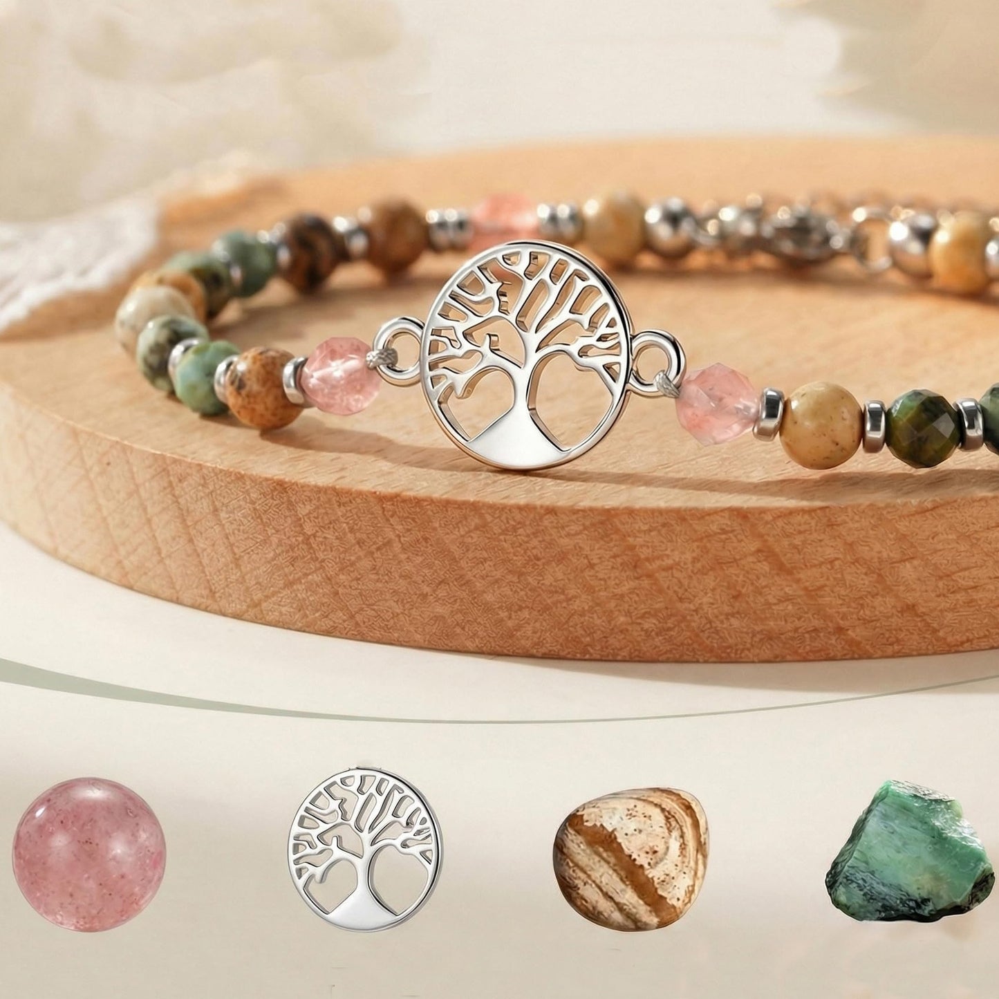 Minimalist 4mm Faceted African Turquoise Tree of Life Stainless Steel Bracelet for Women