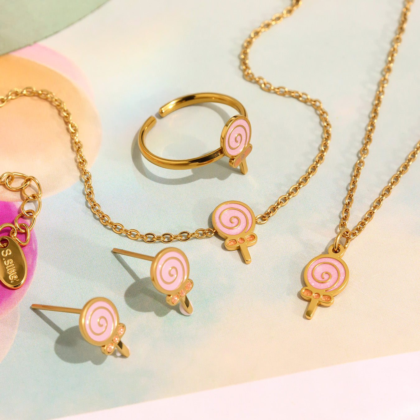 Conjunto de collar de moda con colgante de esmalte en forma de caramelo con cadena de acero inoxidable y dijes de acero de titanio para mujer