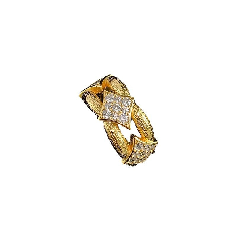 Anello da donna aperto a rombo a forma di fiore di iris in rame con intarsio di zirconi, ispirato al vintage