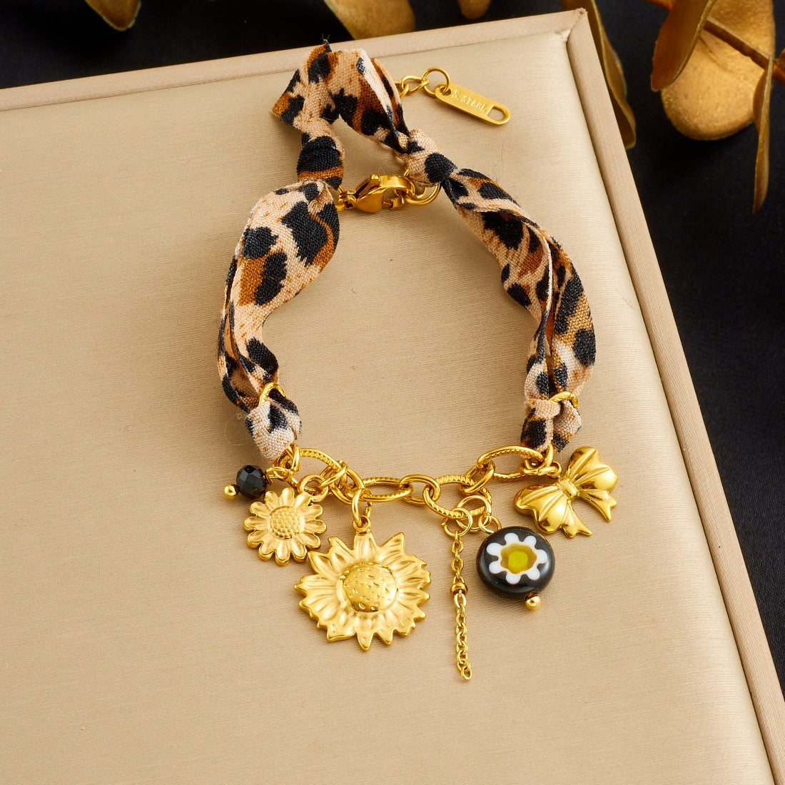 Vintage Gold Plated Stainless Steel Sunflower Bow Leopard Print Chain Bracelet for Women