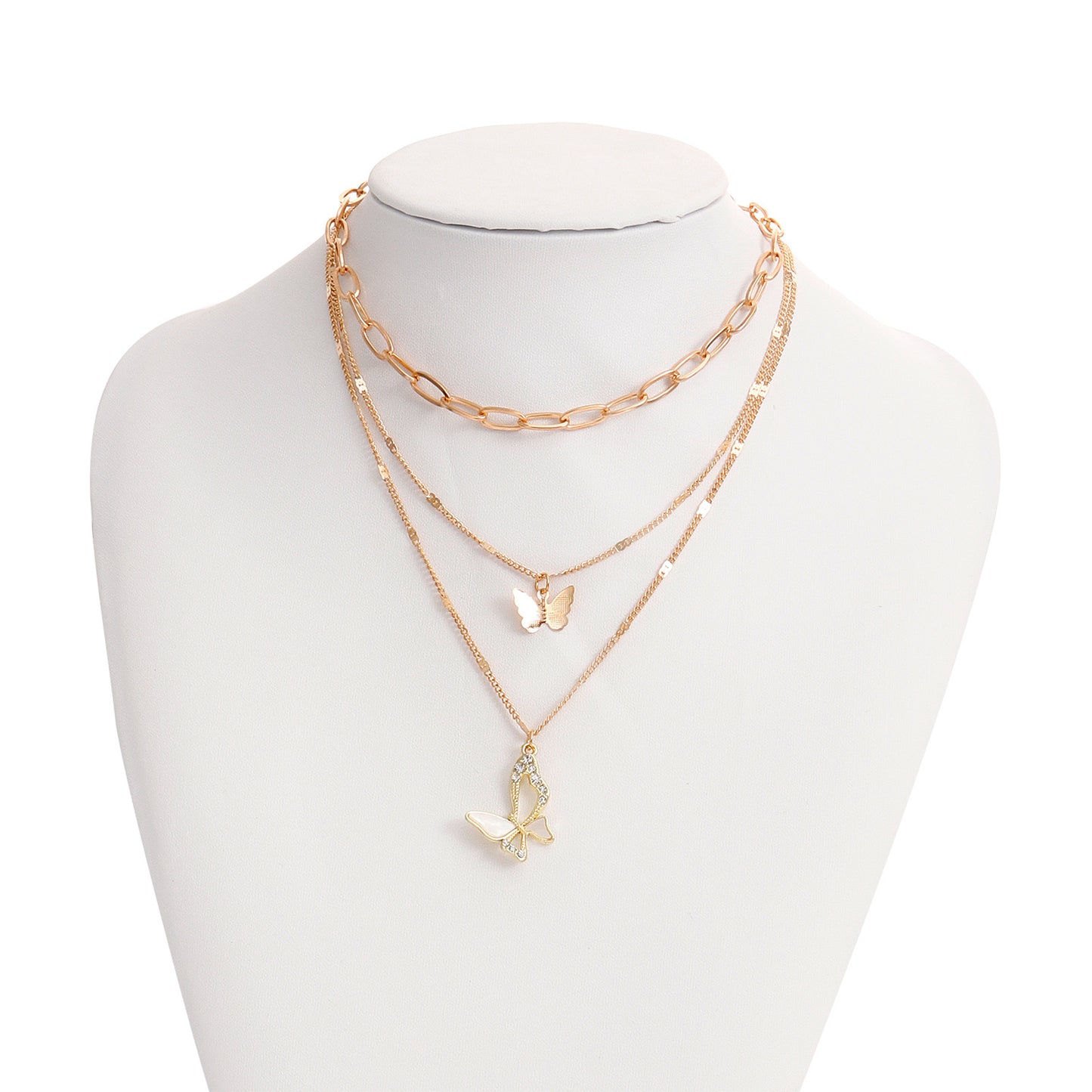 Minimalist Butterfly Pendant Necklace with Mother-of-Pearl Inlay and Rhinestone Accents on Electroplated Alloy Chain