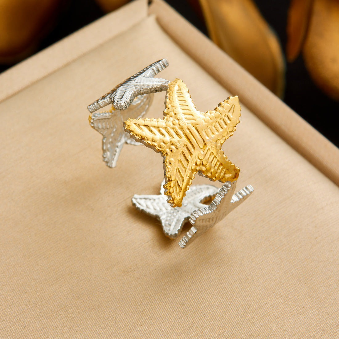 Trendy Gold Plated Floral Bow Stainless Steel Open Ring