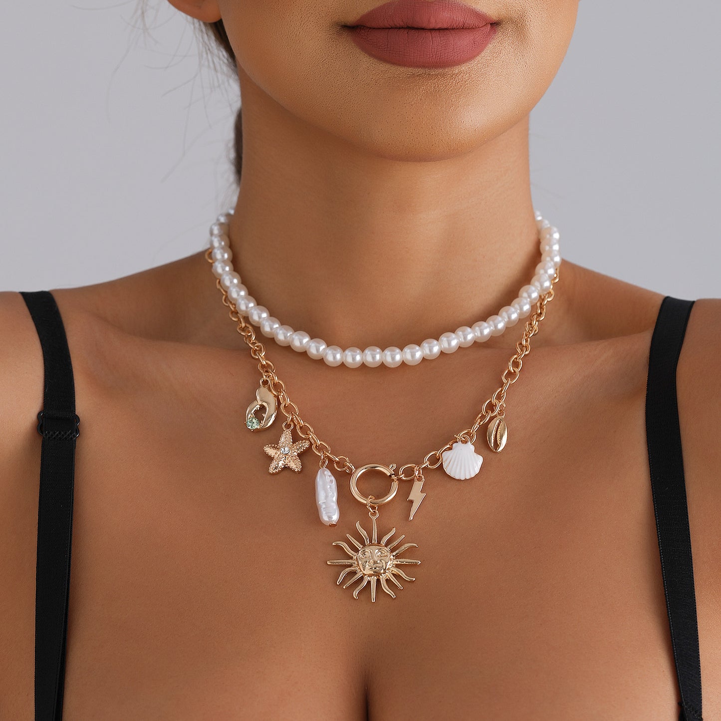 Collar con colgante de estrella de mar y sol, informal de playa de verano, de aleación con acabado chapado para mujer