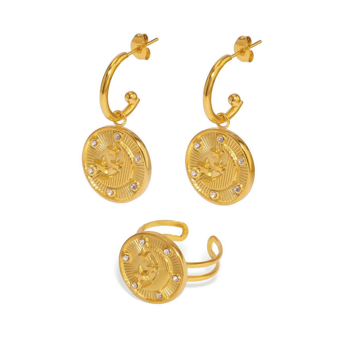 Minimalist Geometric Moon and Star Pendant Set in Stainless Steel with 18K Vacuum Plated Gold Finish for Women