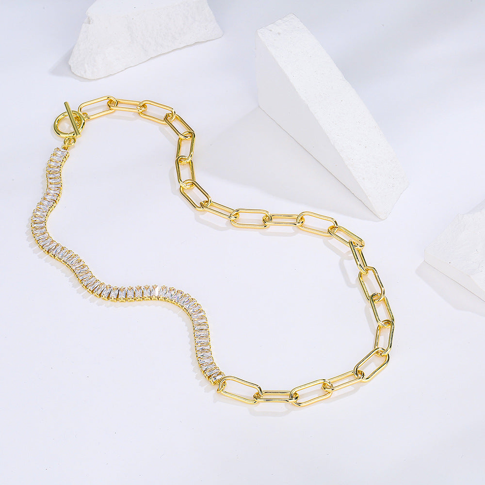 Minimalist Geometric Pig Nose Necklace in Brass with Cubic Zirconia Accents
