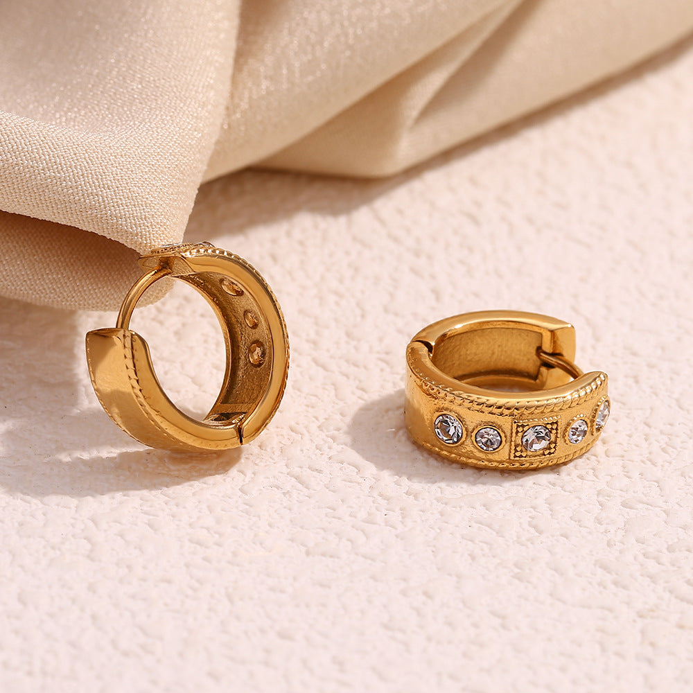 Orecchini a polsino geometrici vintage alla moda in acciaio inossidabile placcati oro 18 carati con strass, per donna
