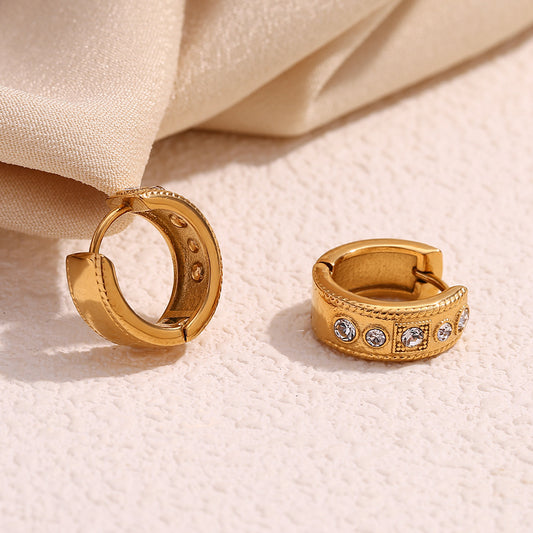 Pendientes de oreja de acero inoxidable con diseño geométrico vintage de moda, chapados en oro de 18 quilates y detalles de diamantes de imitación para mujer
