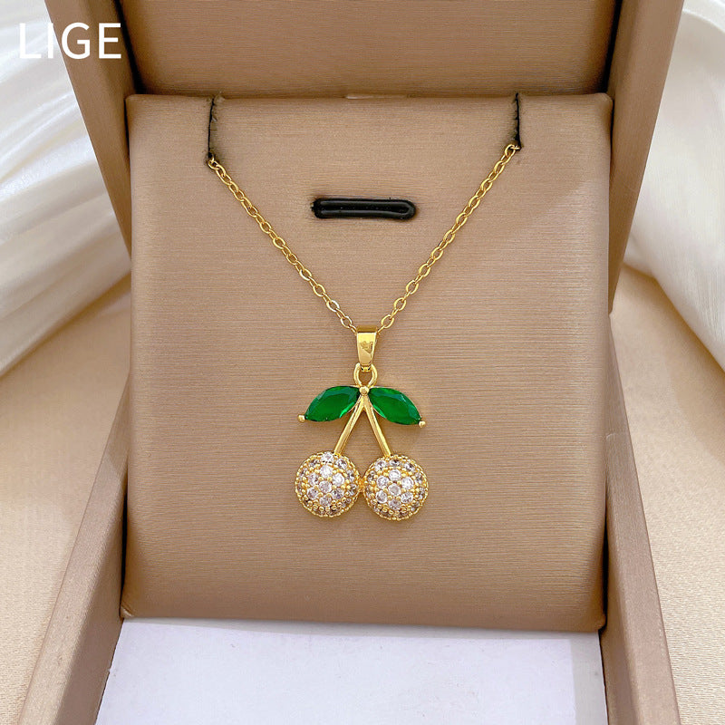Minimalist Green Leaf Cherry Pendant Necklace and Earrings Set in Titanium Steel with Electroplating Finish for Women