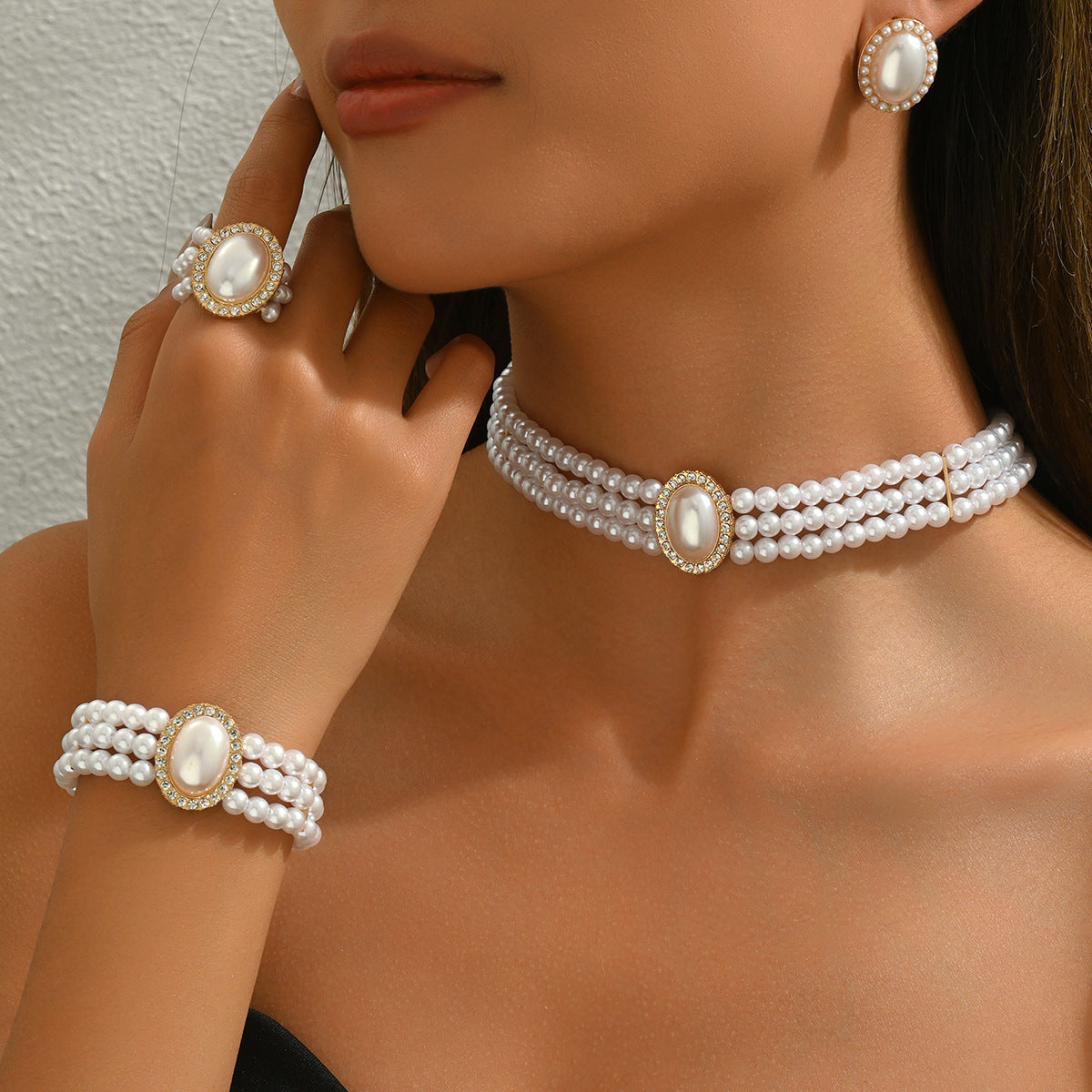 Geometric Style Alloy Necklace Earrings Bracelet Set with Rhinestone Inlay and Pearl Chain for Women