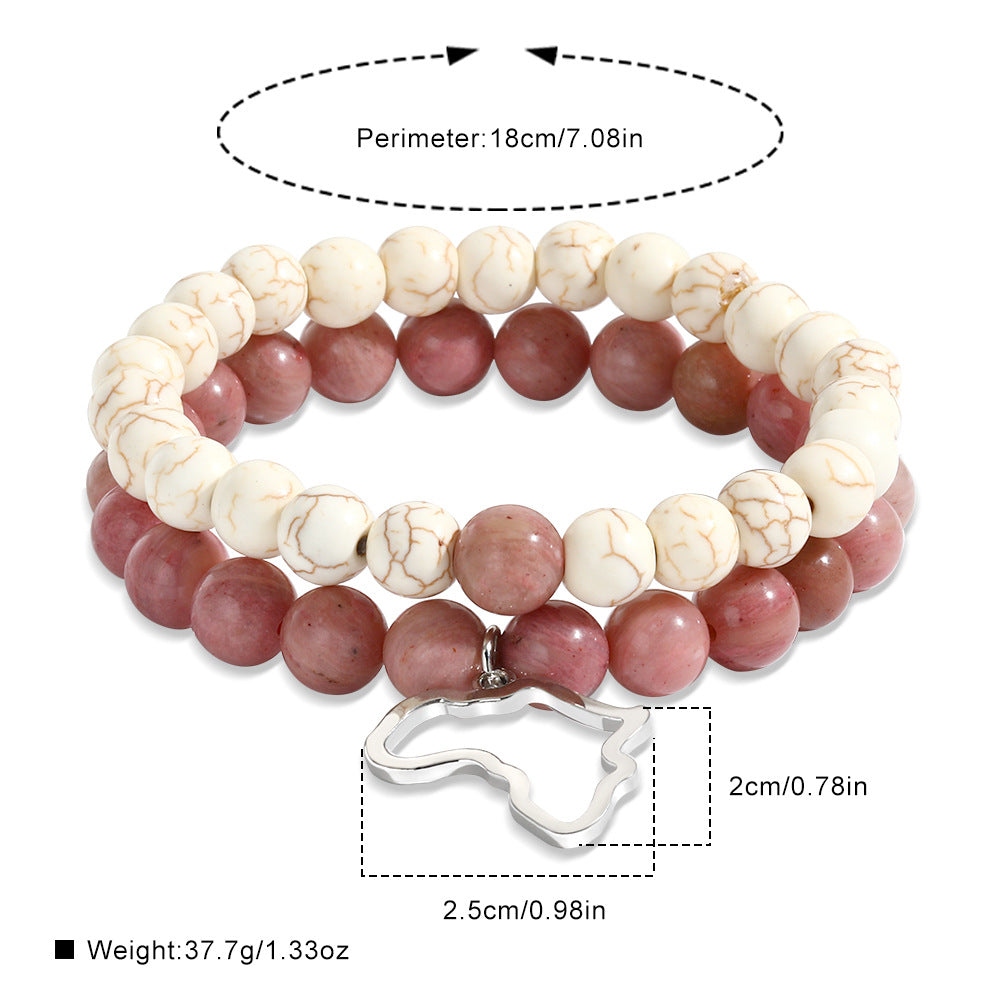 Bracciale Elasticizzato con Pendente Mappa Geometrica Africana, Perline in Pietra Naturale e Dettagli in Acciaio Inossidabile per Donna e Uomo