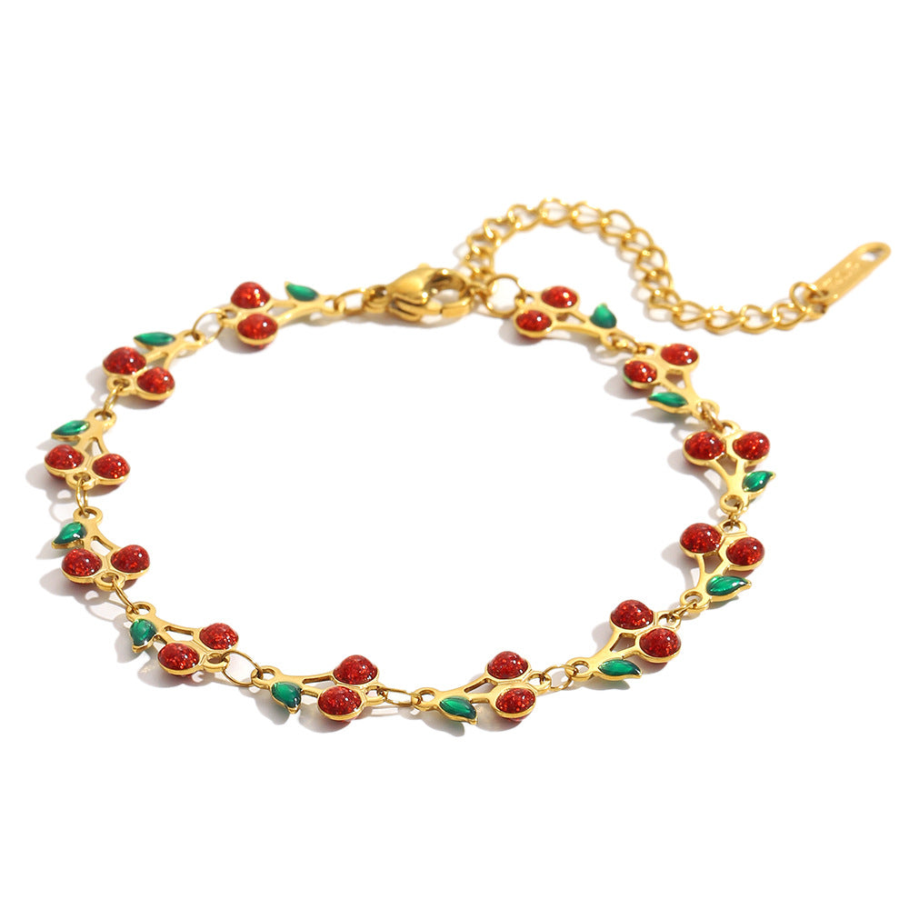 Fashionable Cherry-Shaped Stainless Steel Plated 18K Gold Enamel Bracelet for Women