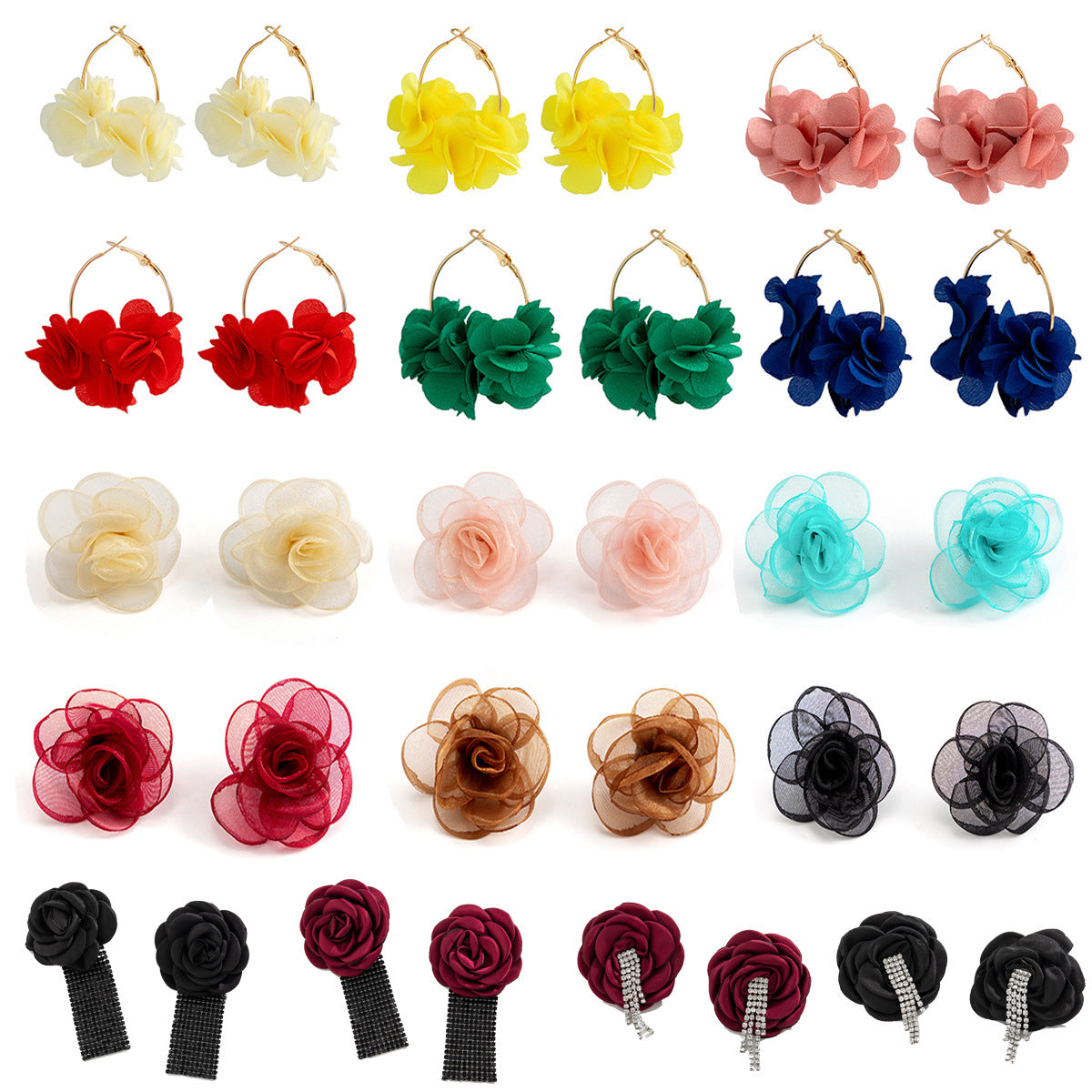 Bohemian Sweet Floral Plated Alloy Earrings with Colorful Tassel Fabric Rose Design for Women