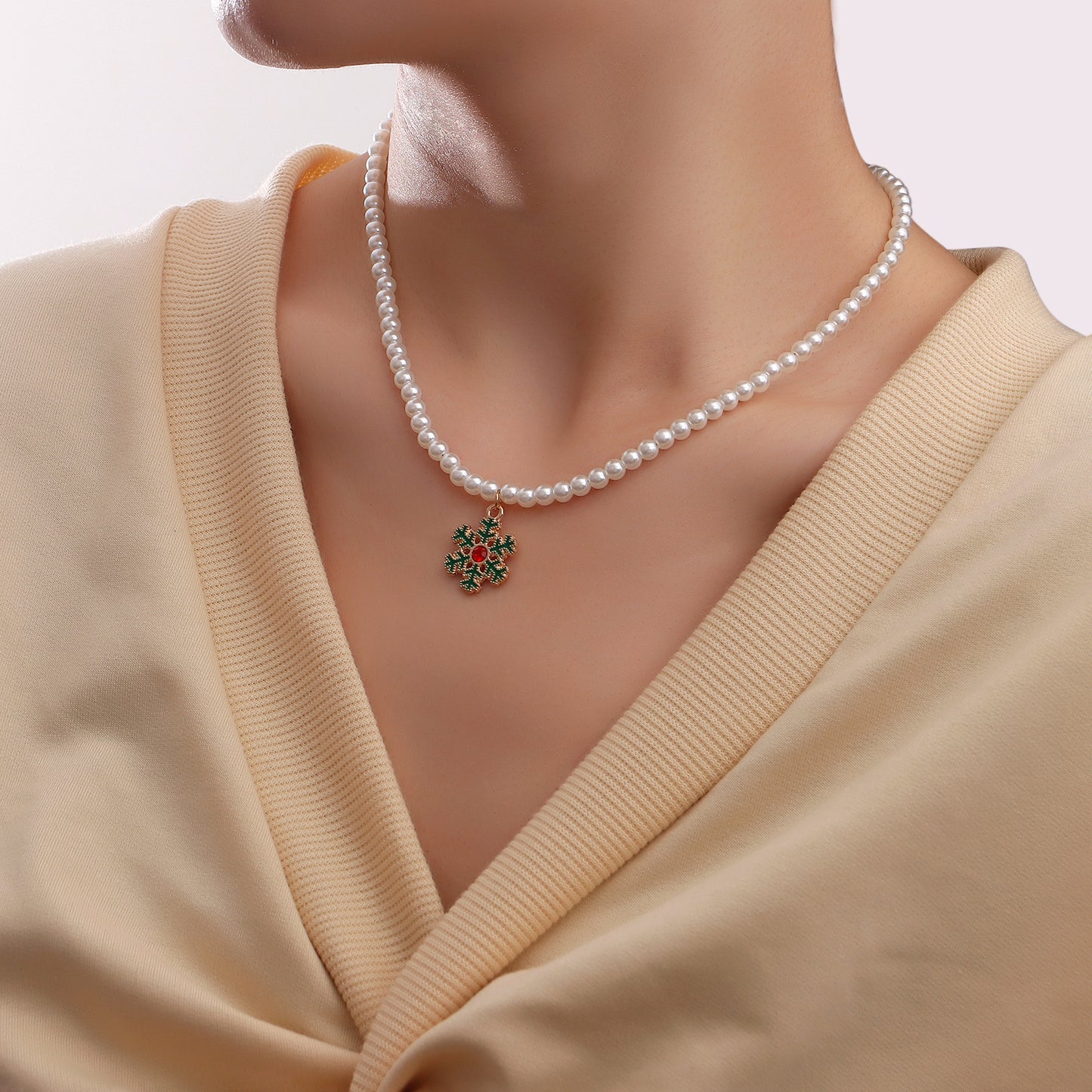 Minimalist Geometric Snowflake Pendant Necklace with Enamel Finish and Pearl Chain for Women
