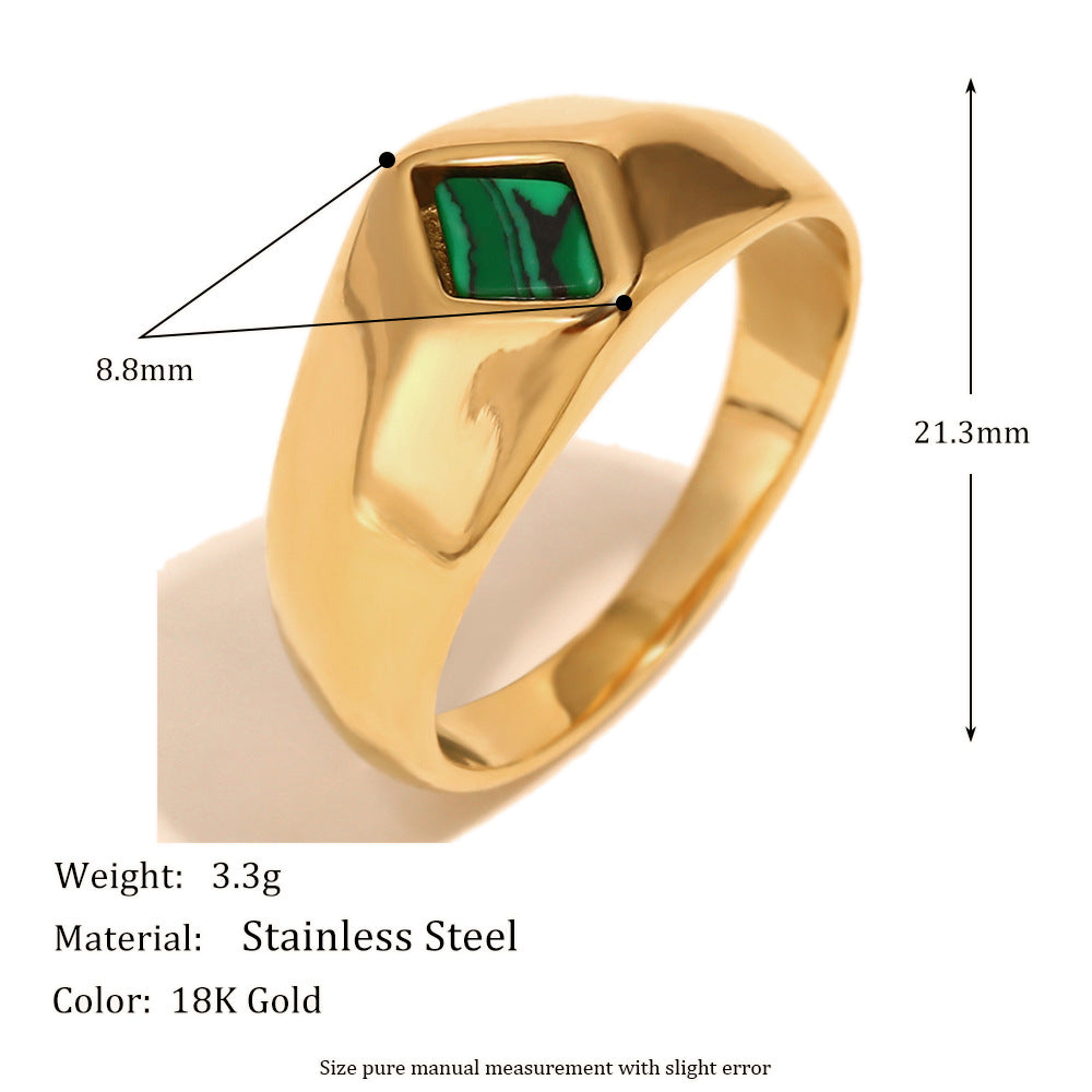 Minimalist Geometric Stainless Steel Plated 18K Gold Malachite Ring for Women